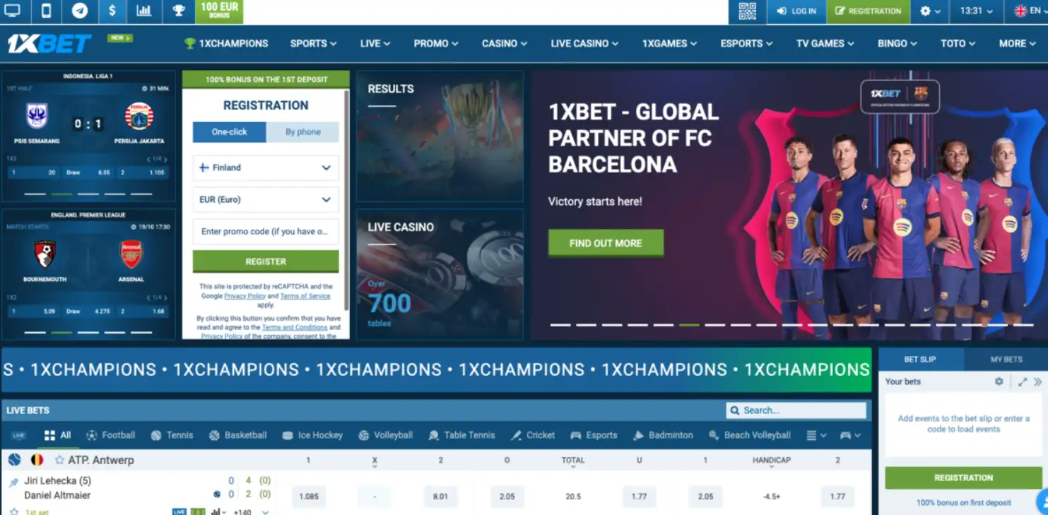 1xBet sports betting interface showing popular football matches.